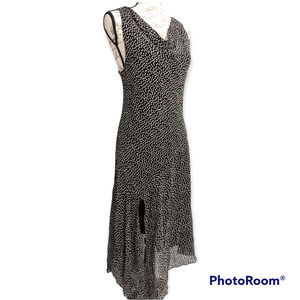 Black white dot cowl neck handkerchief high slit dress